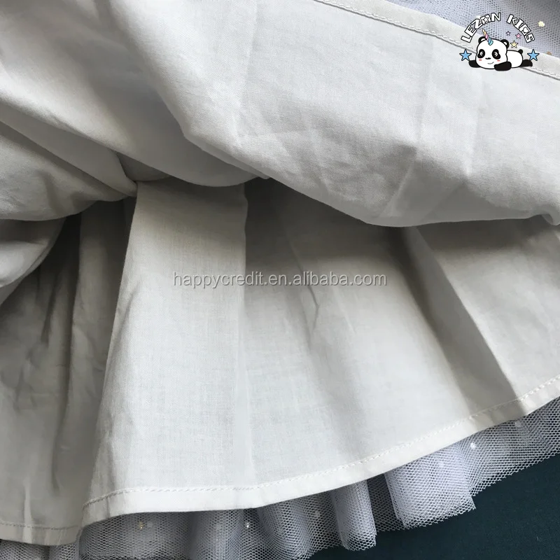 LEZONKIDS - Custom MOQ 100pcs Grey Cotton Short Sleeve 4 Layers Tulle Dress Girls Swan Dots Foil Print Dress